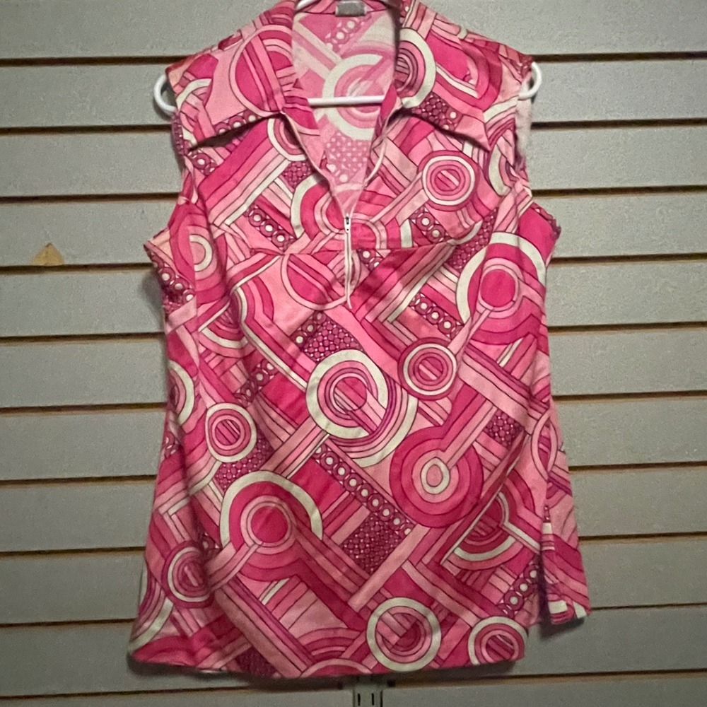 Vintage Pykettes Pink Geometric Psychedelic Mod Zip Front Sleeveless Top 70s